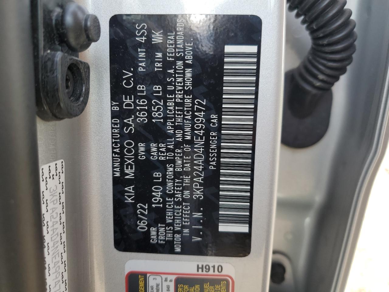 2022 KIA RIO LX VIN:3KPA24AD4NE499472