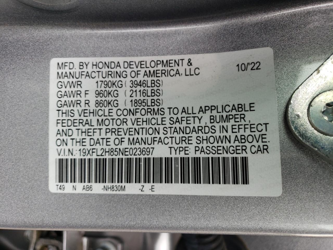 2022 HONDA CIVIC SPORT VIN:19XFL2H85NE023697