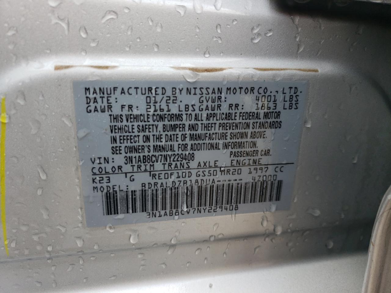 2022 NISSAN SENTRA SV VIN:3N1AB8CV7NY229408