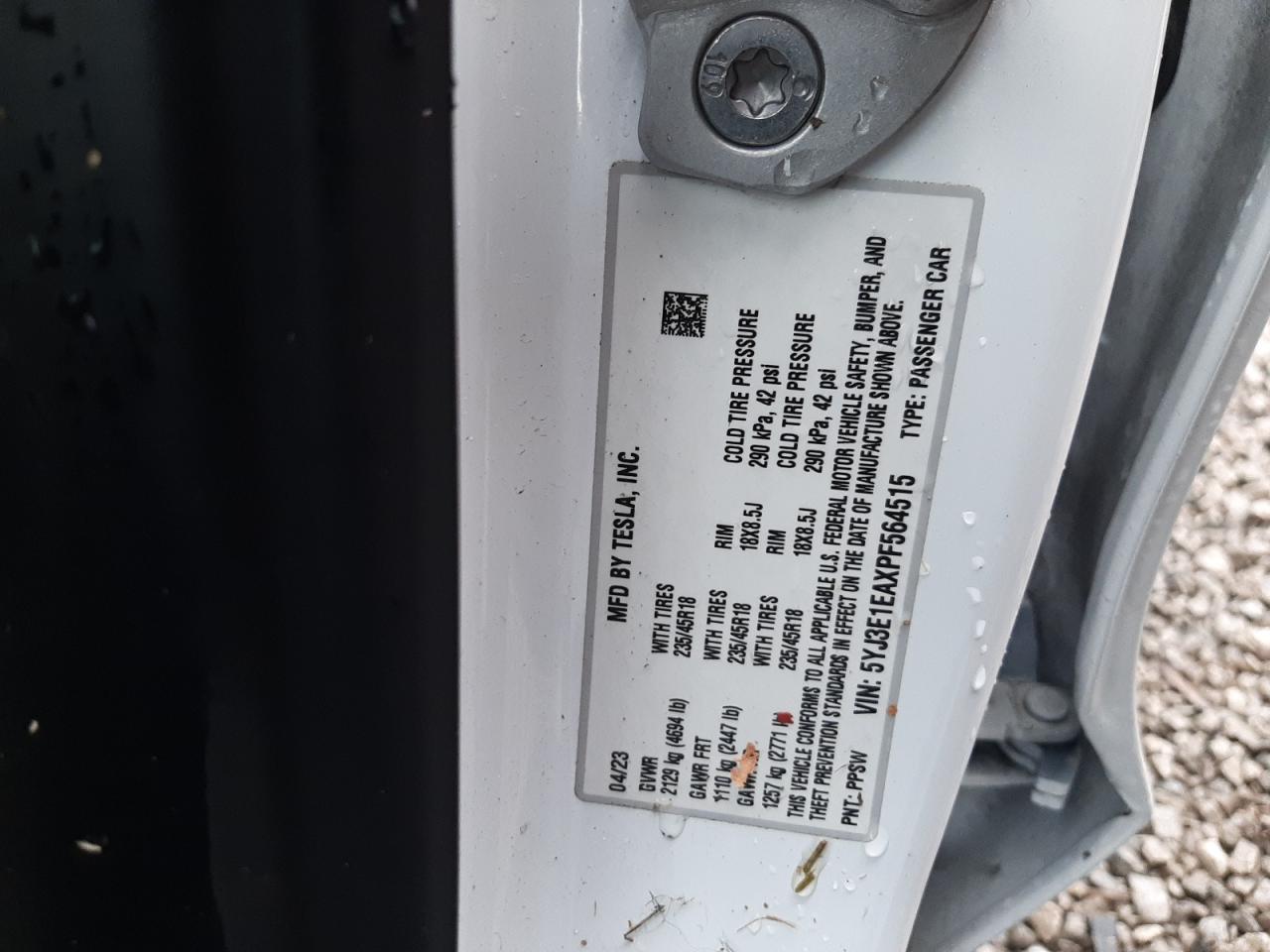 2023 TESLA MODEL 3 VIN:5YJ3E1EAXPF564515