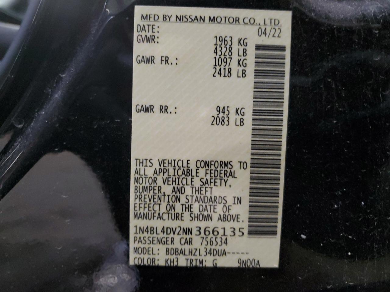 2022 NISSAN ALTIMA SV VIN:1N4BL4DV2NN366135