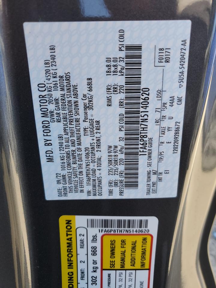 2022 FORD MUSTANG VIN:1FA6P8TH7N5140620