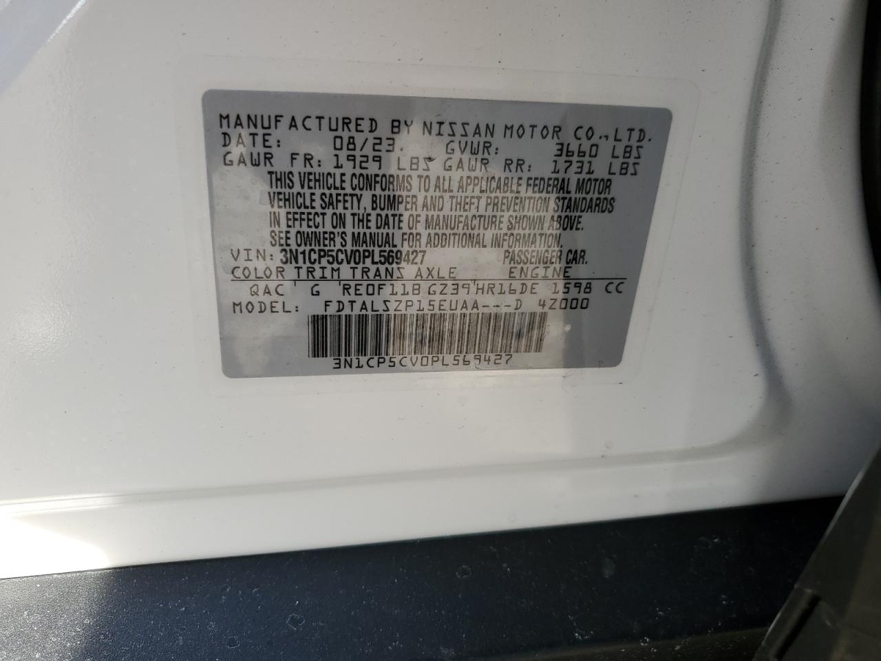 2023 NISSAN KICKS SV VIN:3N1CP5CV0PL569427