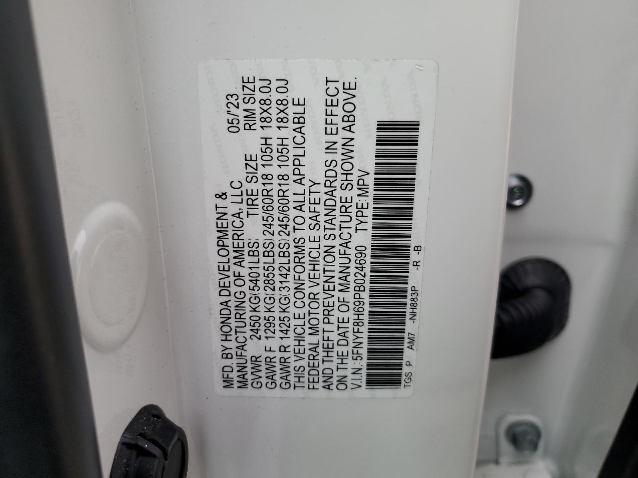 2023 HONDA PASSPORT TRAIL SPORT VIN:5FNYF8H69PB024690
