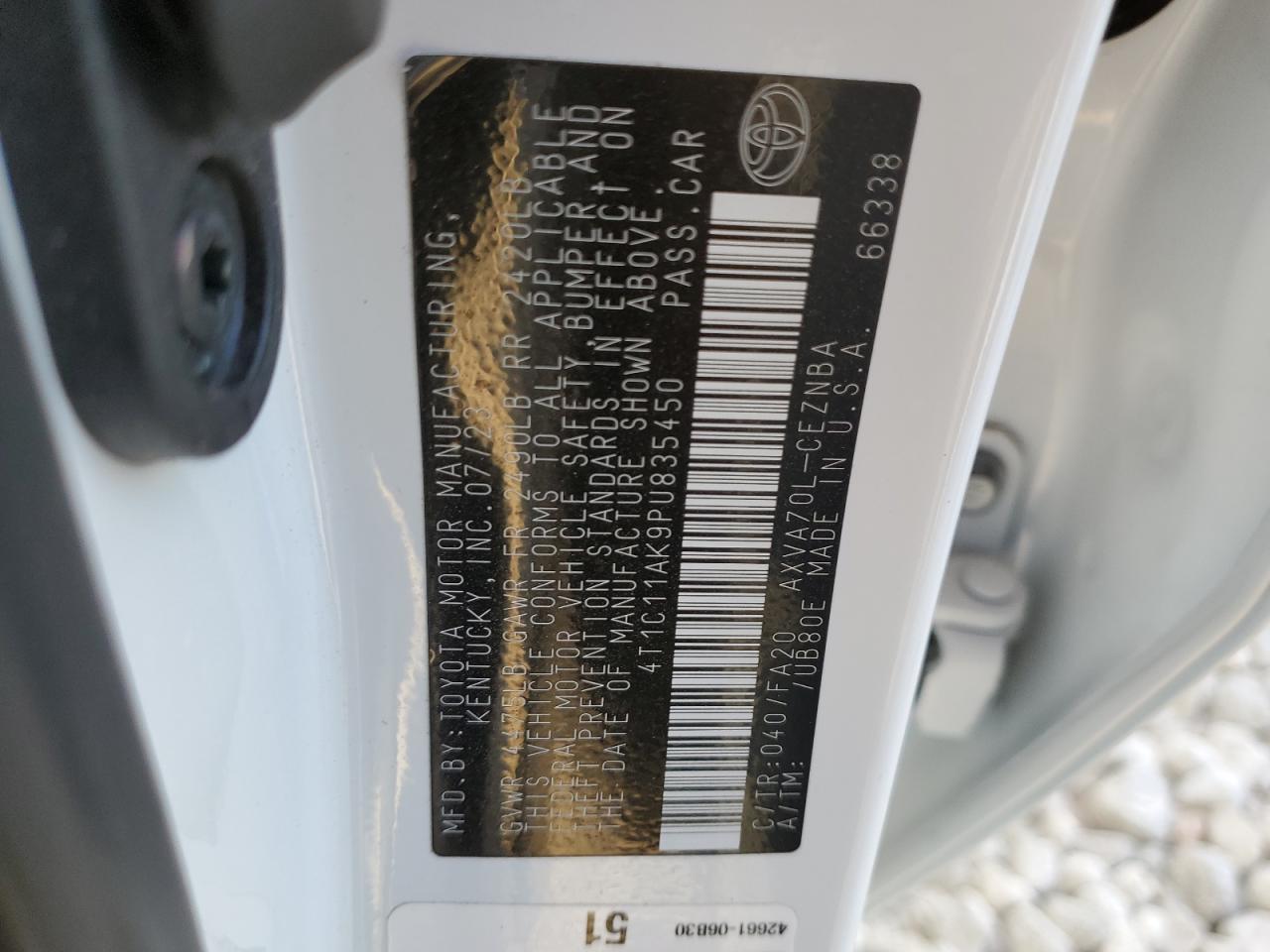 2023 TOYOTA CAMRY LE VIN:4T1C11AK9PU835450