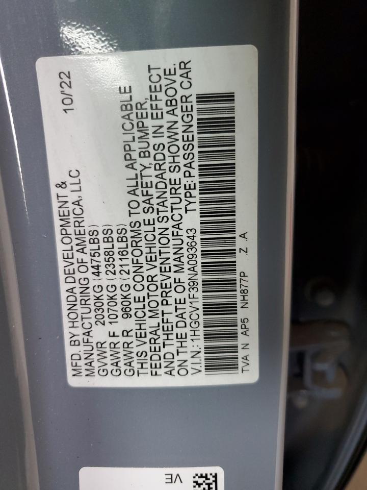 2022 HONDA ACCORD SPORT VIN:1HGCV1F39NA093643