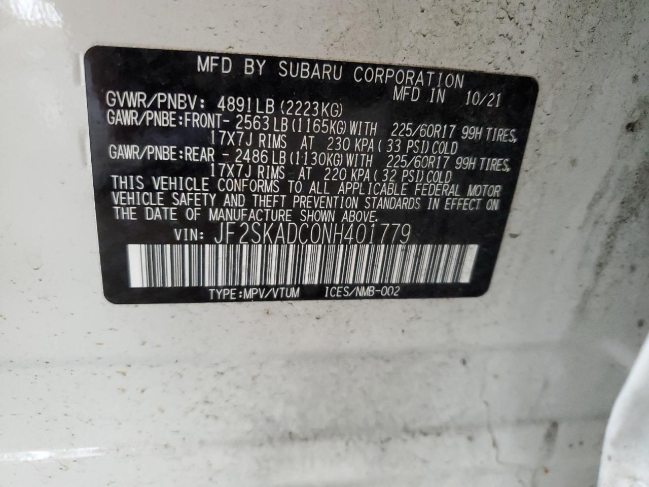 2022 SUBARU FORESTER PREMIUM VIN:JF2SKADC0NH401779