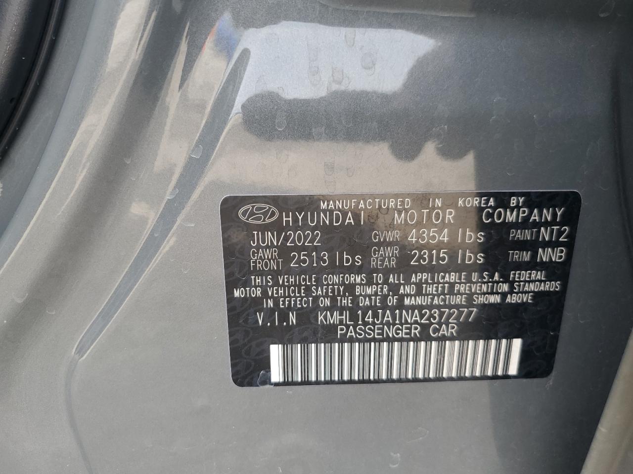 2022 HYUNDAI SONATA SEL VIN:KMHL14JA1NA237277