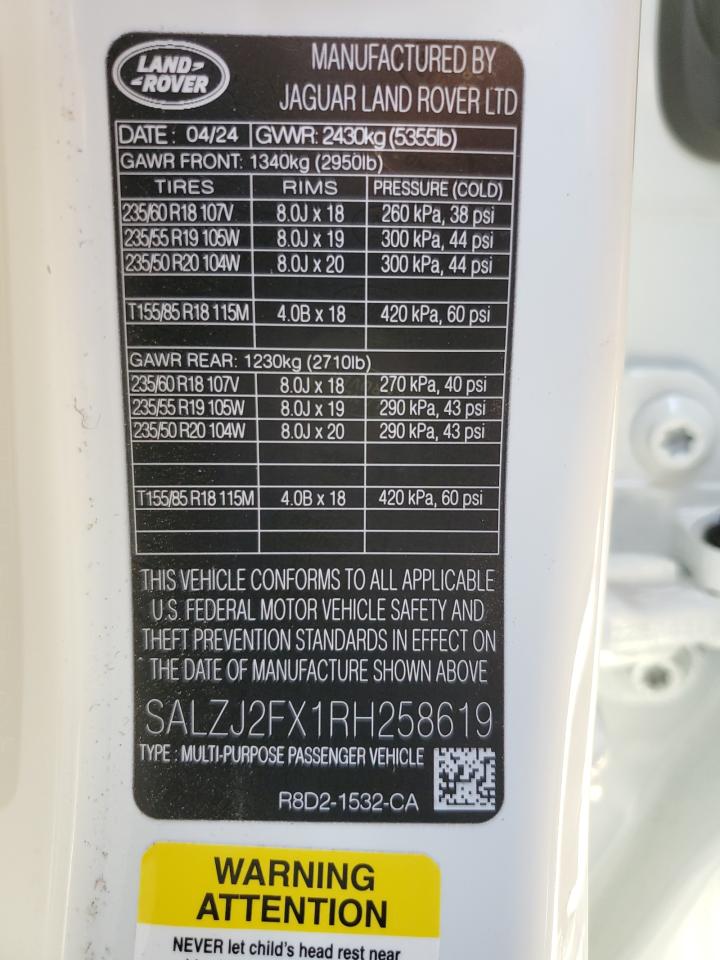 2024 LAND ROVER RANGE ROVER EVOQUE S VIN:SALZJ2FX1RH258619