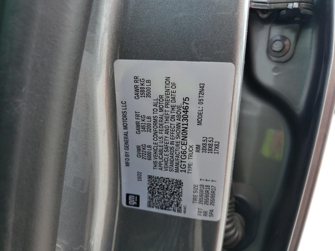 2022 GMC CANYON ELEVATION VIN:1GTG6CEN0N1304675