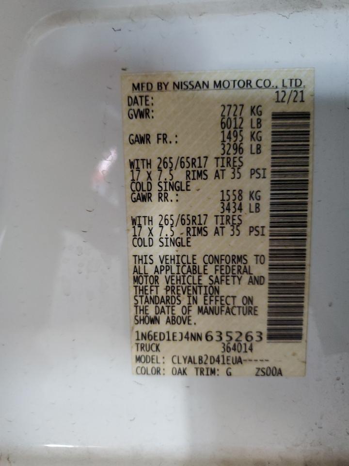 2022 NISSAN FRONTIER S VIN:1N6ED1EJ4NN635263