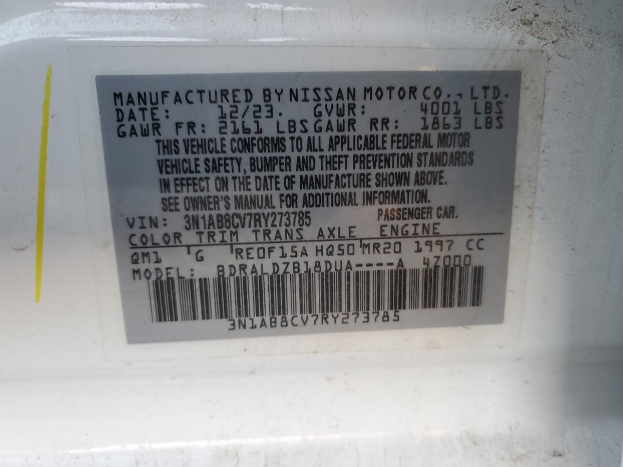 2024 NISSAN SENTRA SV VIN:3N1AB8CV7RY273785