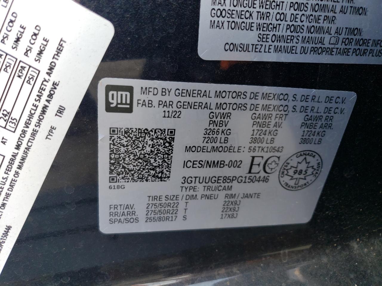 2023 GMC SIERRA K1500 DENALI VIN:3GTUUGE85PG150446