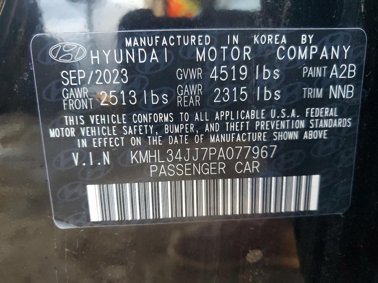 2023 HYUNDAI SONATA HYBRID VIN:KMHL34JJ7PA077967