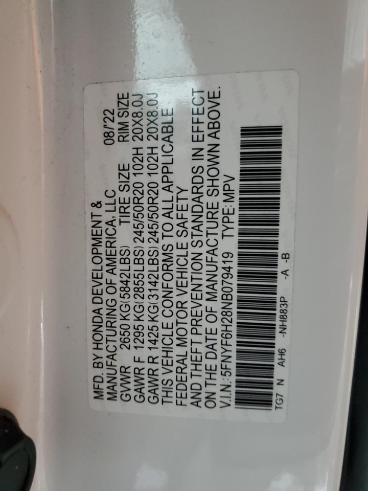 2022 HONDA PILOT SE VIN:5FNYF6H28NB079419