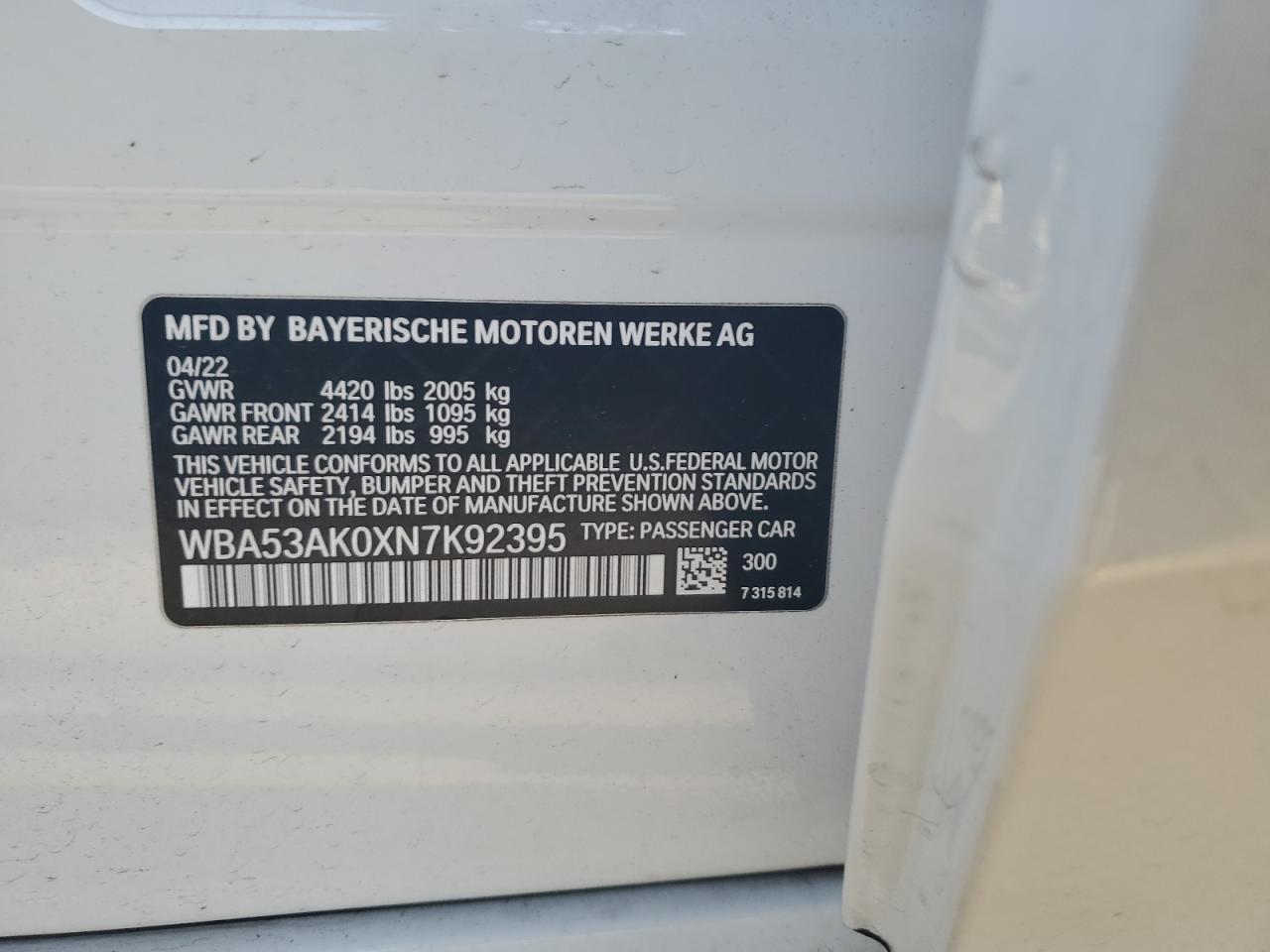 2022 BMW 228I VIN:WBA53AK0XN7K92395