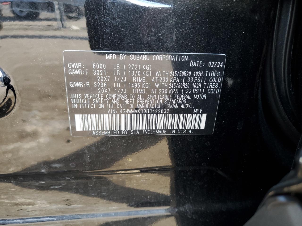 2024 SUBARU ASCENT ONYX EDITION VIN:4S4WMAKD0R3422832