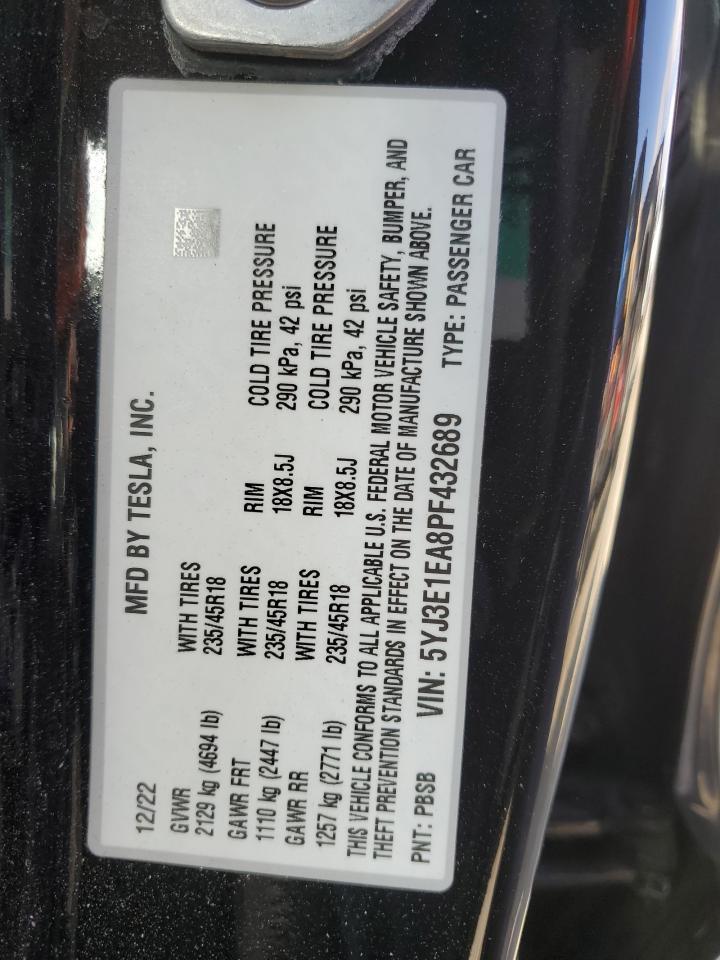 2023 TESLA MODEL 3 VIN:5YJ3E1EA8PF432689
