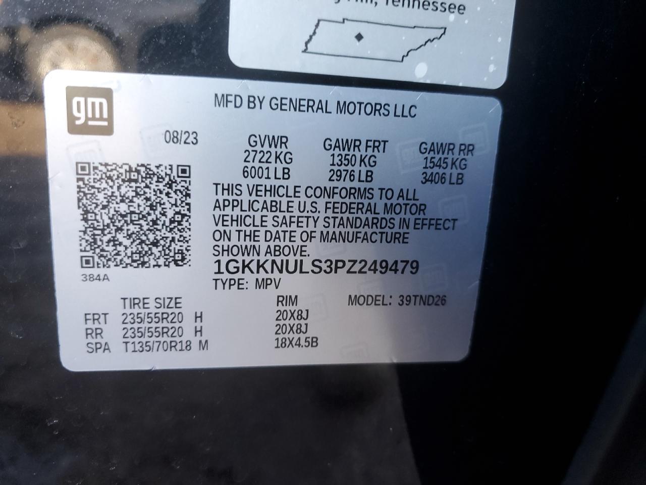 2023 GMC ACADIA SLT VIN:1GKKNULS3PZ249479