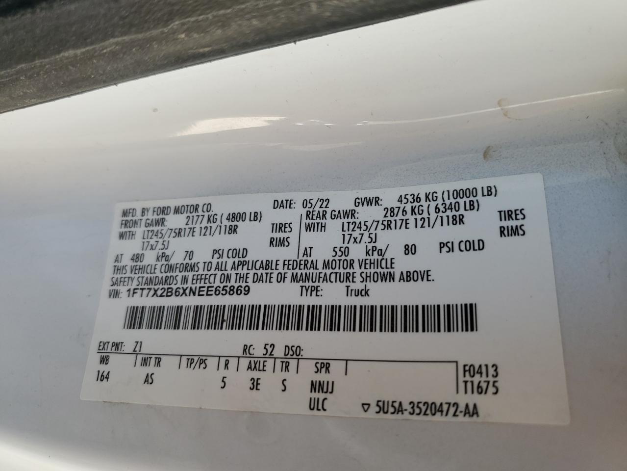 2022 FORD F250 SUPER DUTY VIN:1FT7X2B6XNEE65869
