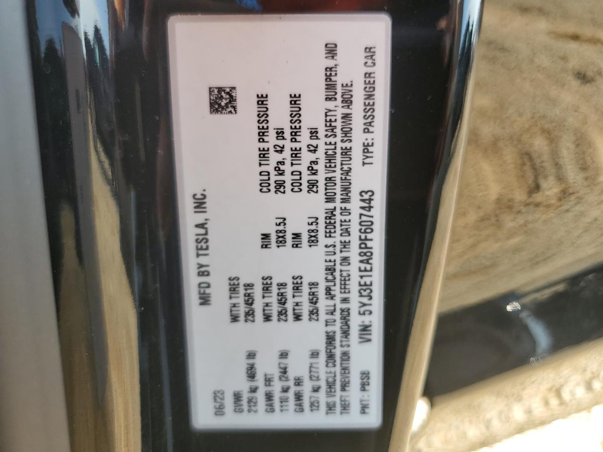 2023 TESLA MODEL 3 VIN:5YJ3E1EA8PF607443