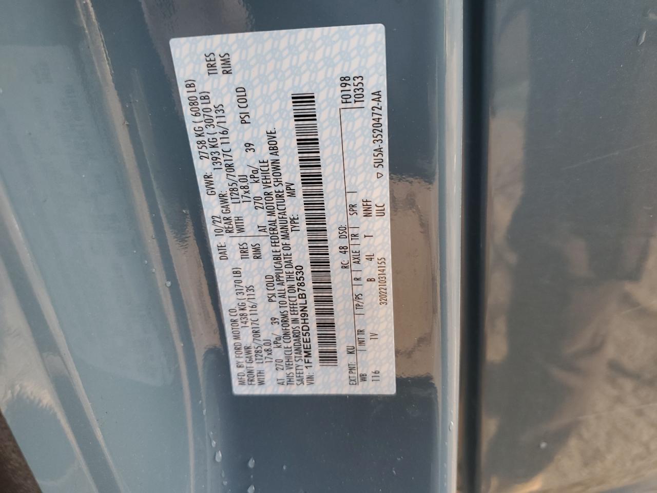 2022 FORD BRONCO BASE VIN:1FMEE5DH9NLB78530