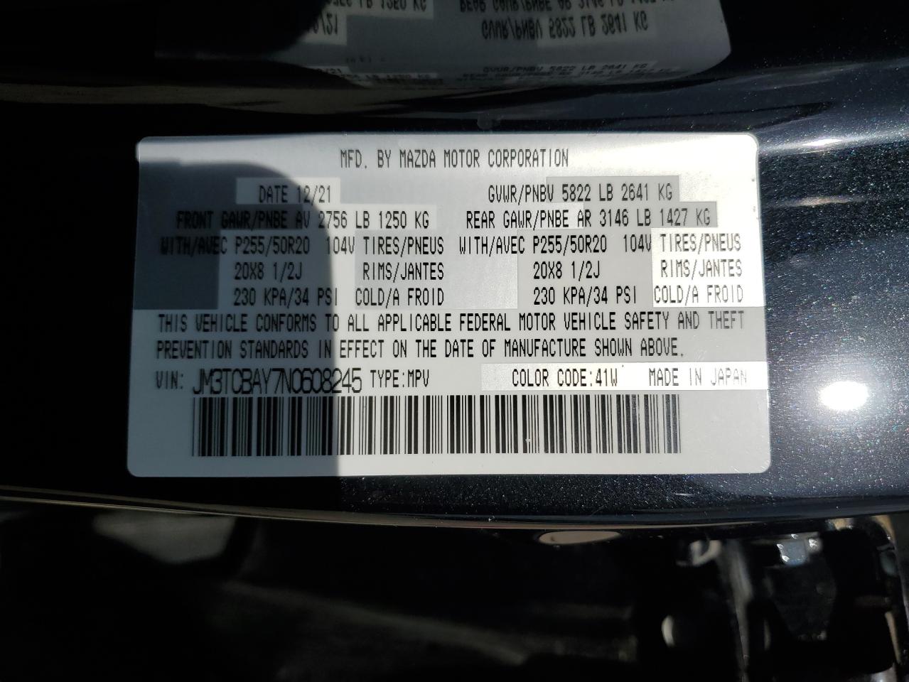 2022 MAZDA CX-9 TOURING PLUS VIN:JM3TCBAY7N0608245