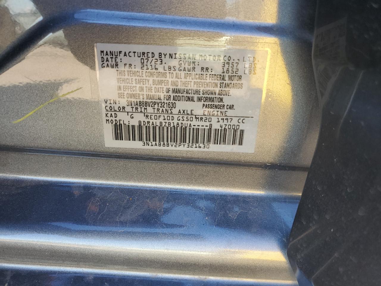 2023 NISSAN SENTRA S VIN:3N1AB8BV2PY321630