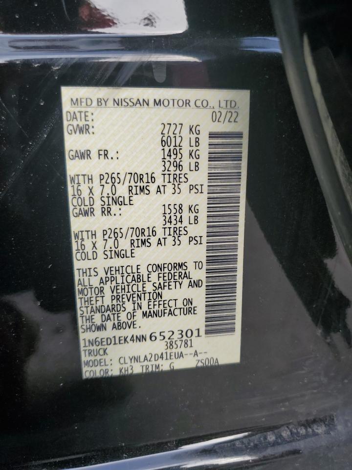 2022 NISSAN FRONTIER S VIN:1N6ED1EK4NN652301