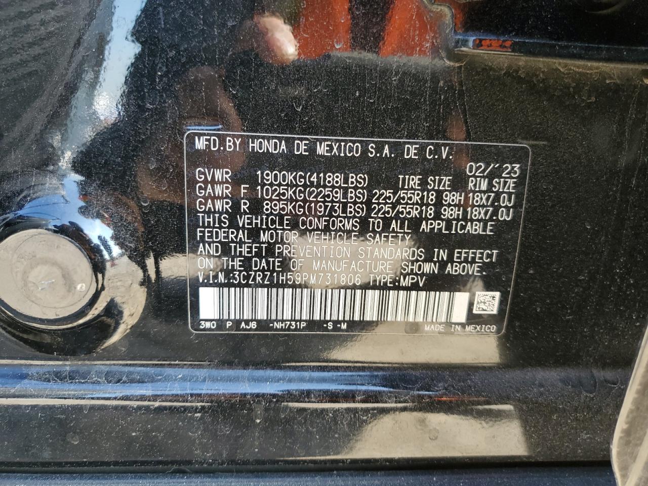 2023 HONDA HR-V SPORT VIN:3CZRZ1H59PM731806
