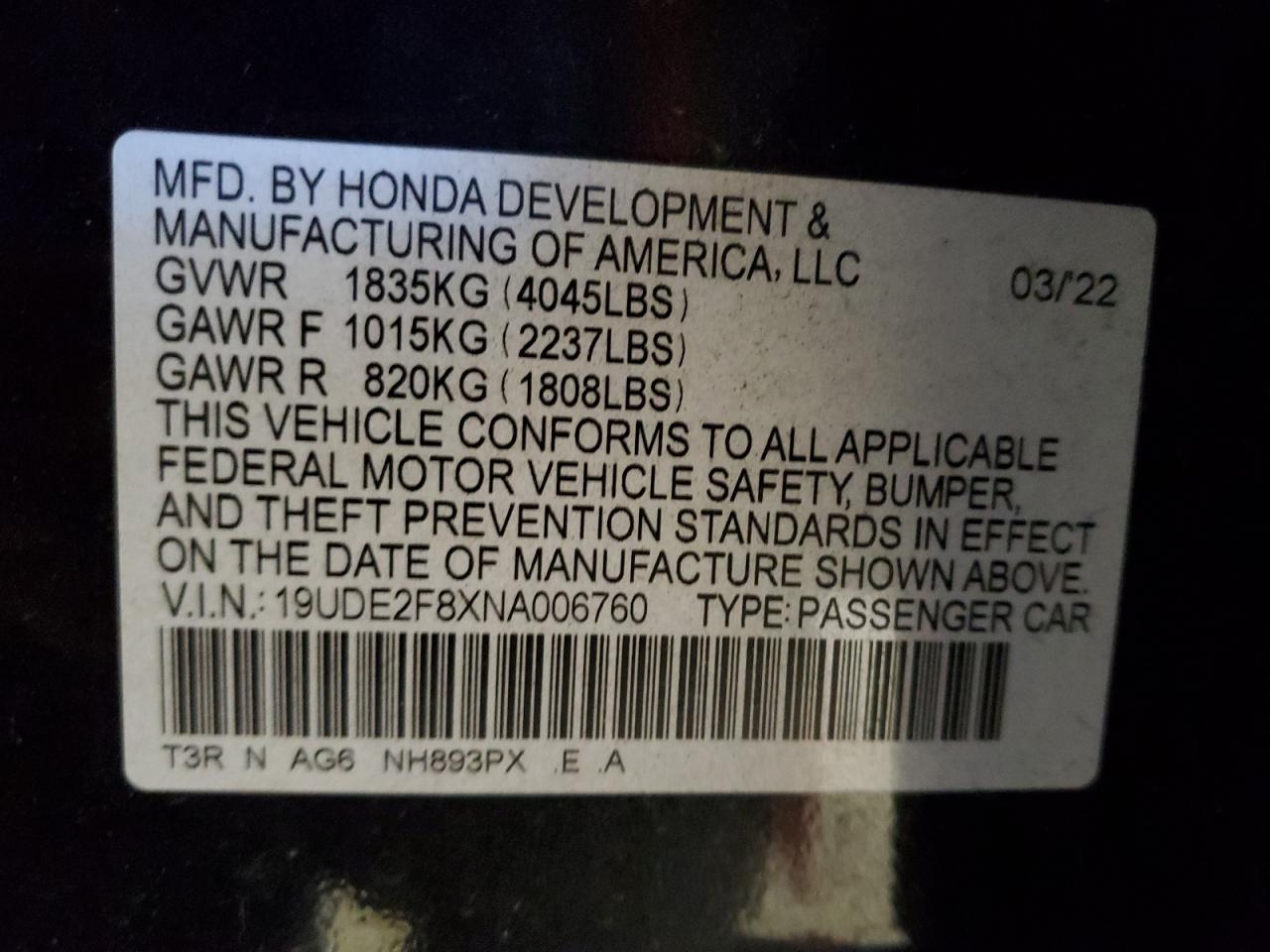 2022 ACURA ILX PREMIUM A-SPEC VIN:19UDE2F8XNA006760