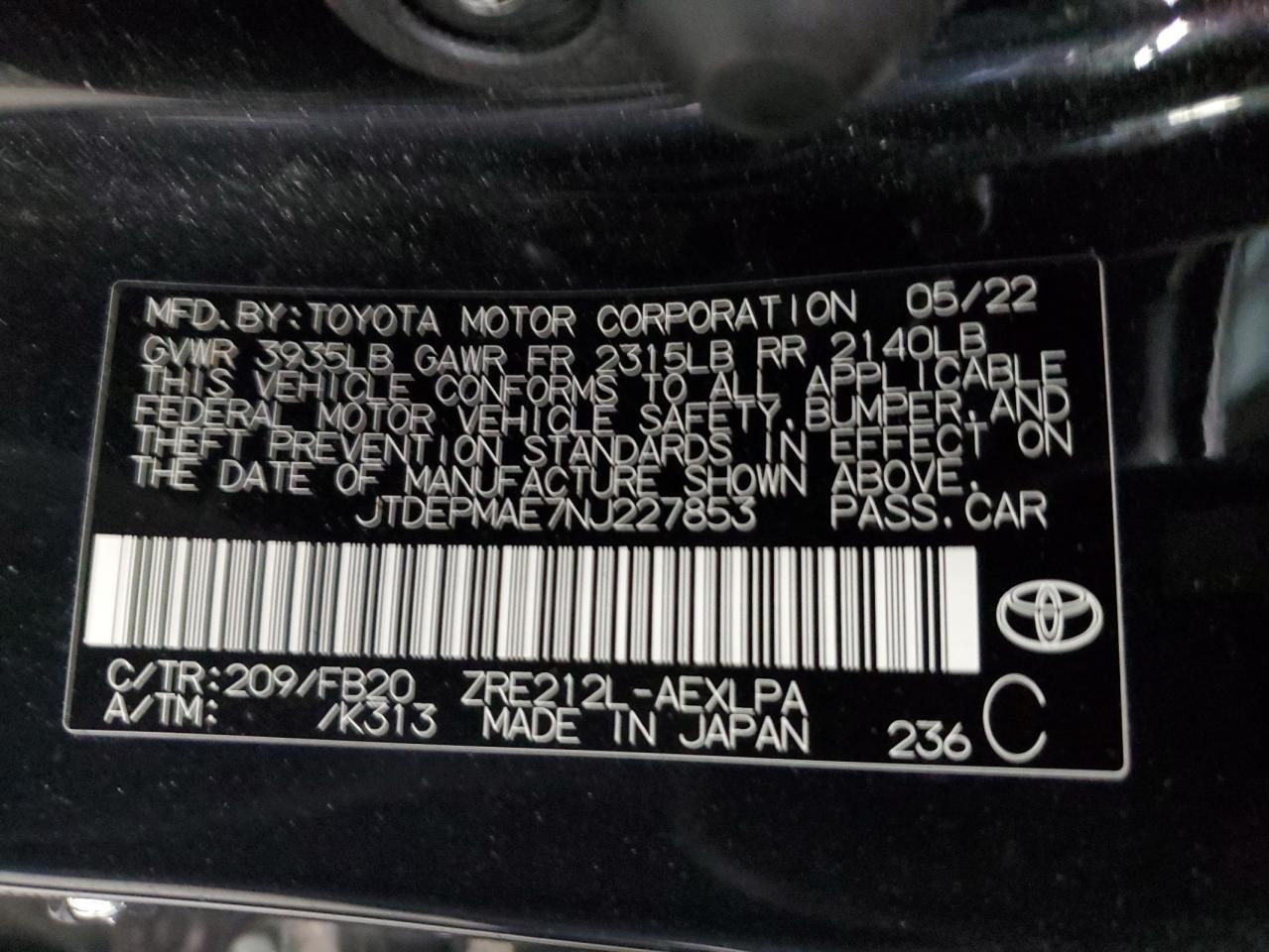 2022 TOYOTA COROLLA LE VIN:JTDEPMAE7NJ227853