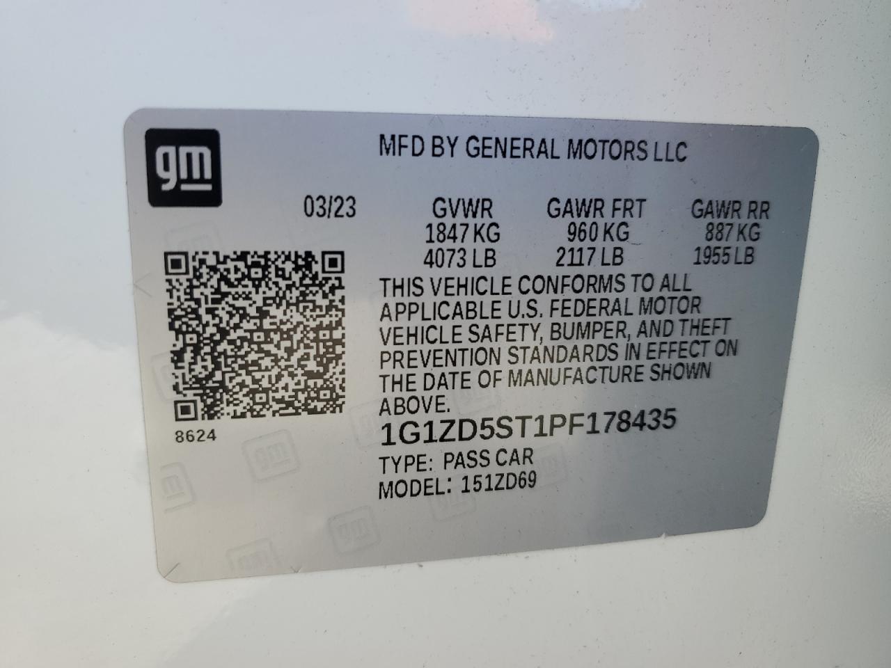 2023 CHEVROLET MALIBU LT VIN:1G1ZD5ST1PF178435