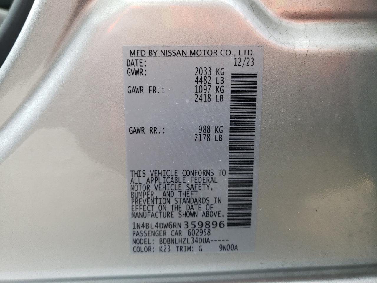 2024 NISSAN ALTIMA SV VIN:1N4BL4DW6RN359896