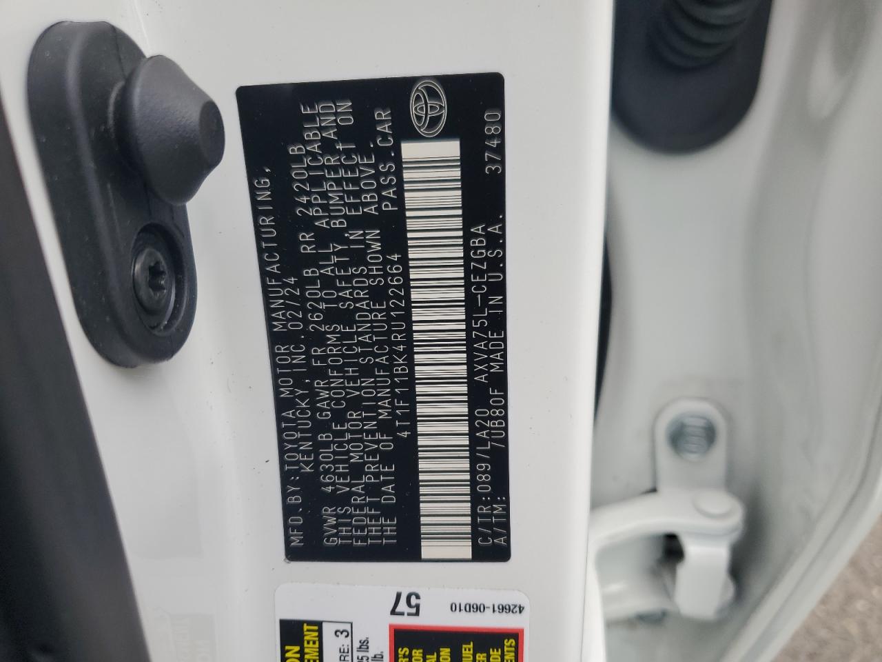 2024 TOYOTA CAMRY XLE VIN:4T1F11BK4RU122664