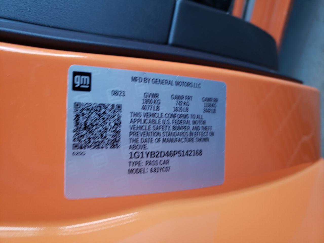 2023 CHEVROLET CORVETTE STINGRAY 2LT VIN:1G1YB2D46P5142168