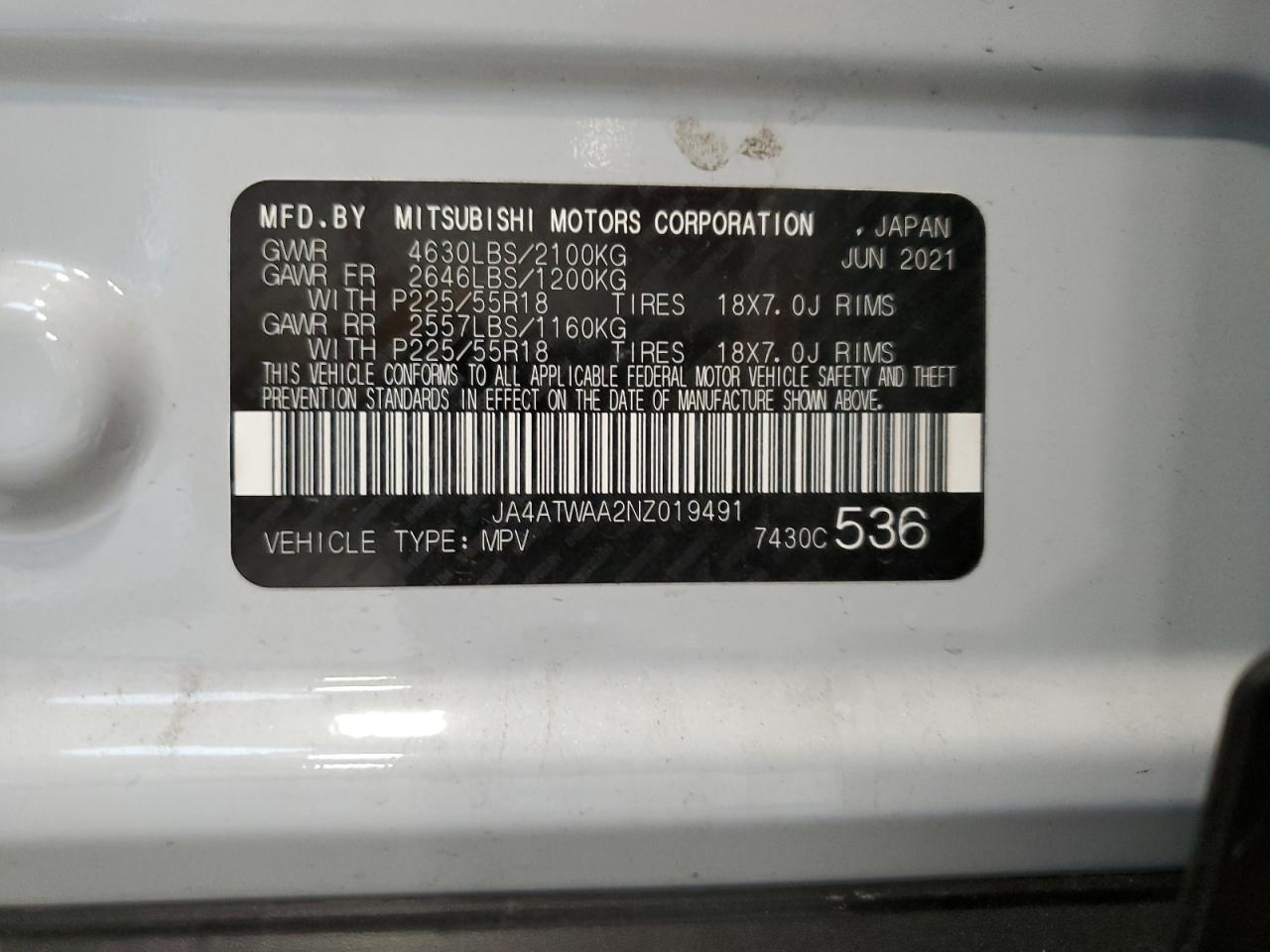 2022 MITSUBISHI ECLIPSE CROSS SE VIN:JA4ATWAA2NZ019491