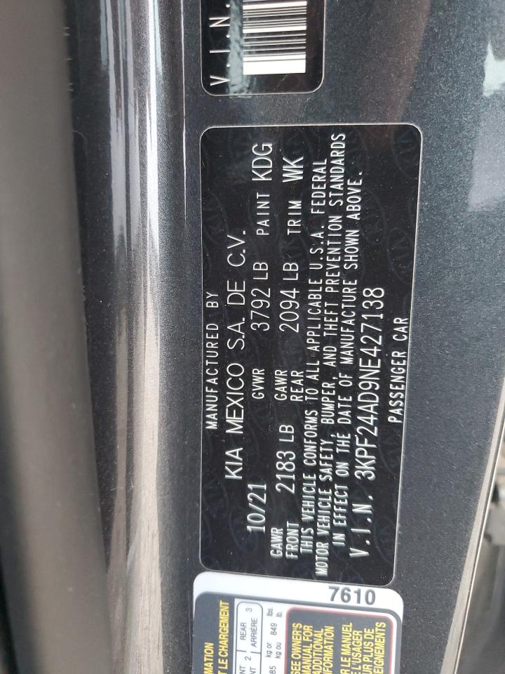 2022 KIA FORTE FE VIN:3KPF24AD9NE427138