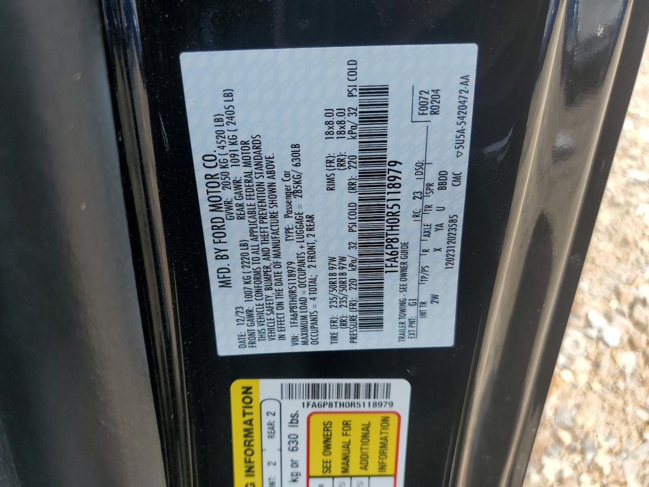 2024 FORD MUSTANG VIN:1FA6P8TH0R5118979
