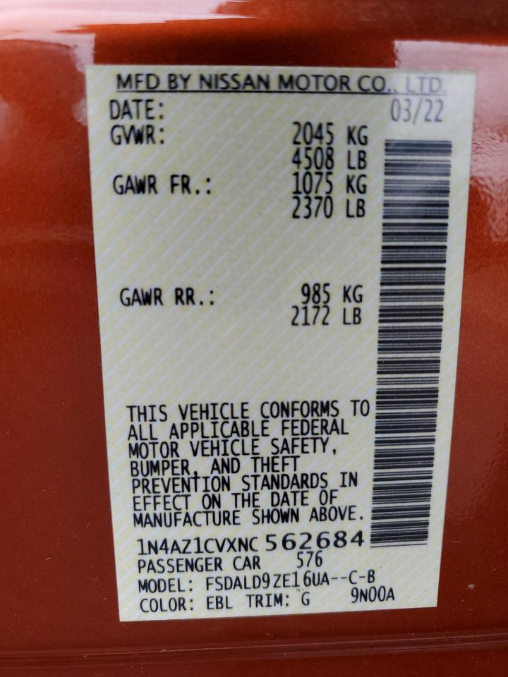 2022 NISSAN LEAF SV VIN:1N4AZ1CVXNC562684