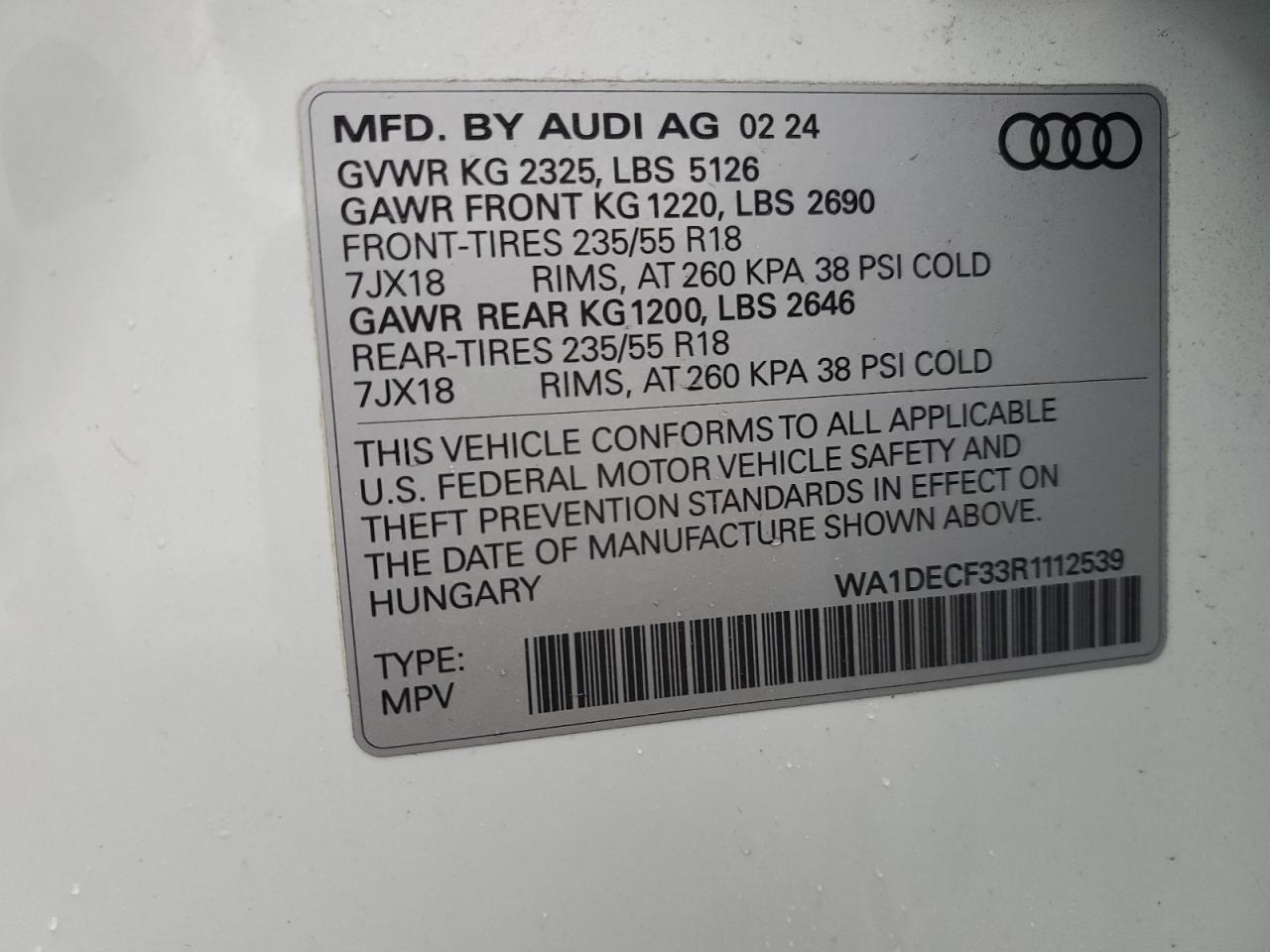 2024 AUDI Q3 PREMIUM S LINE 45 VIN:WA1DECF33R1112539