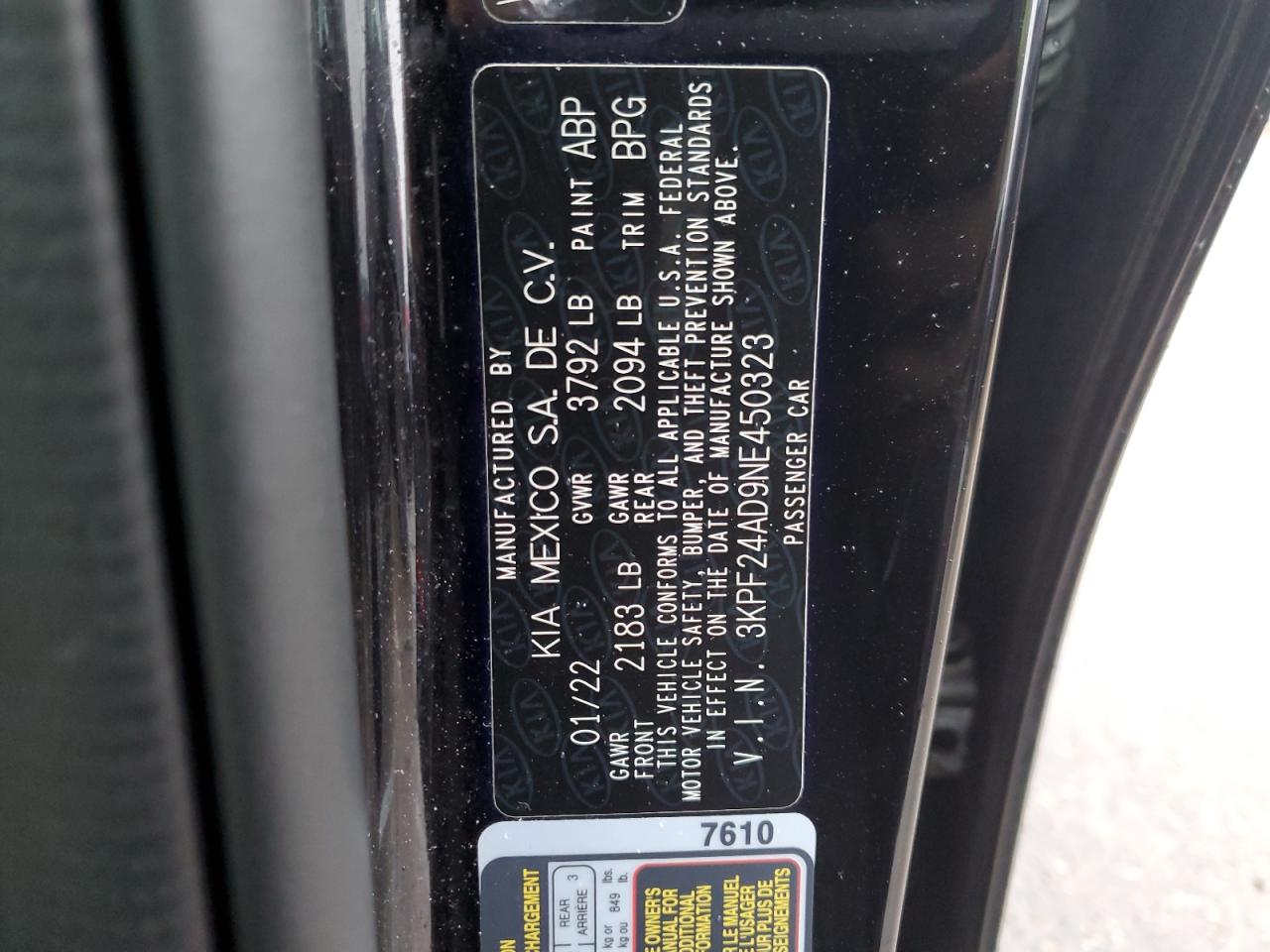 2022 KIA FORTE FE VIN:3KPF24AD9NE450323