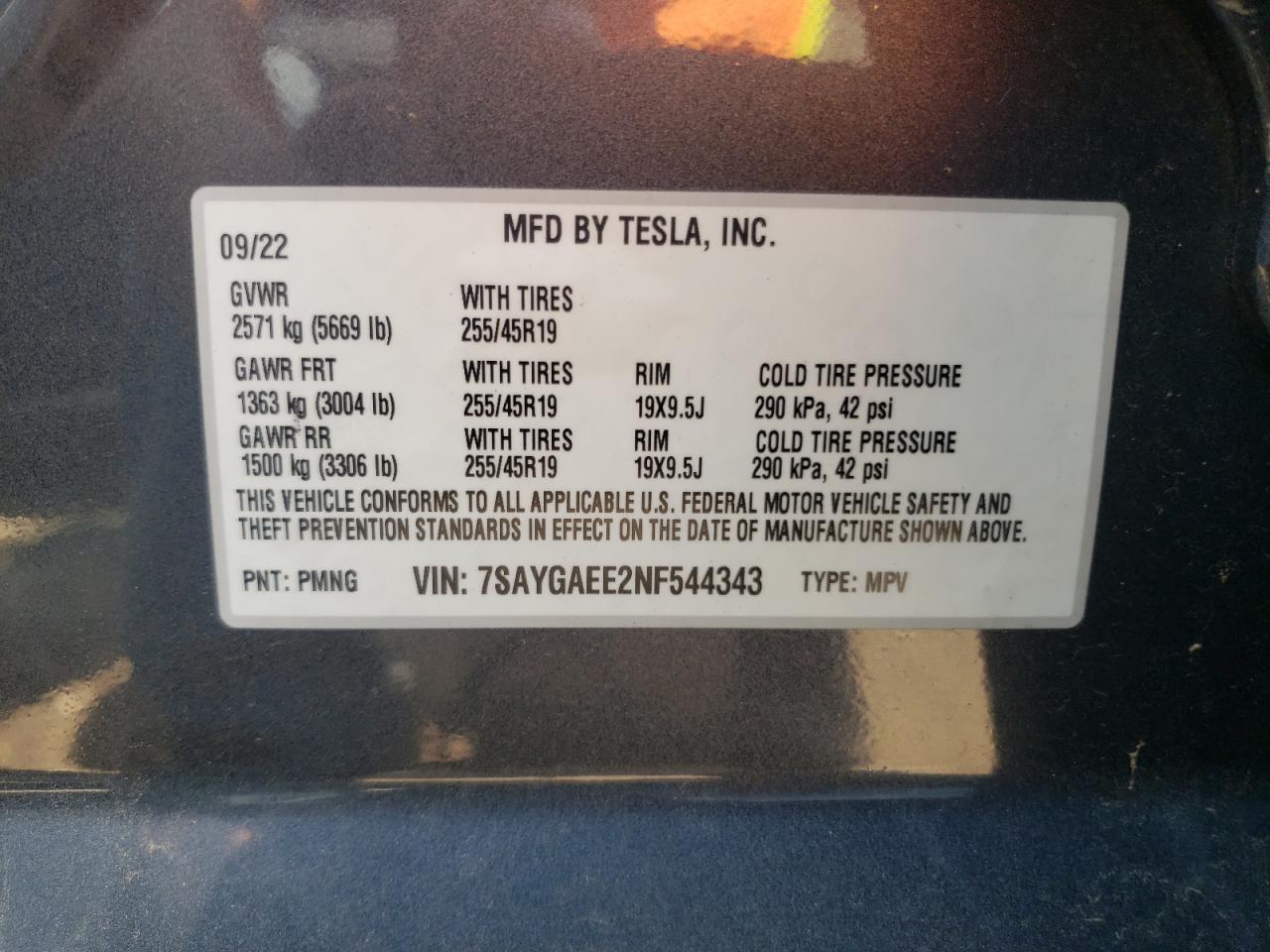 2022 TESLA MODEL Y VIN:7SAYGAEE2NF544343