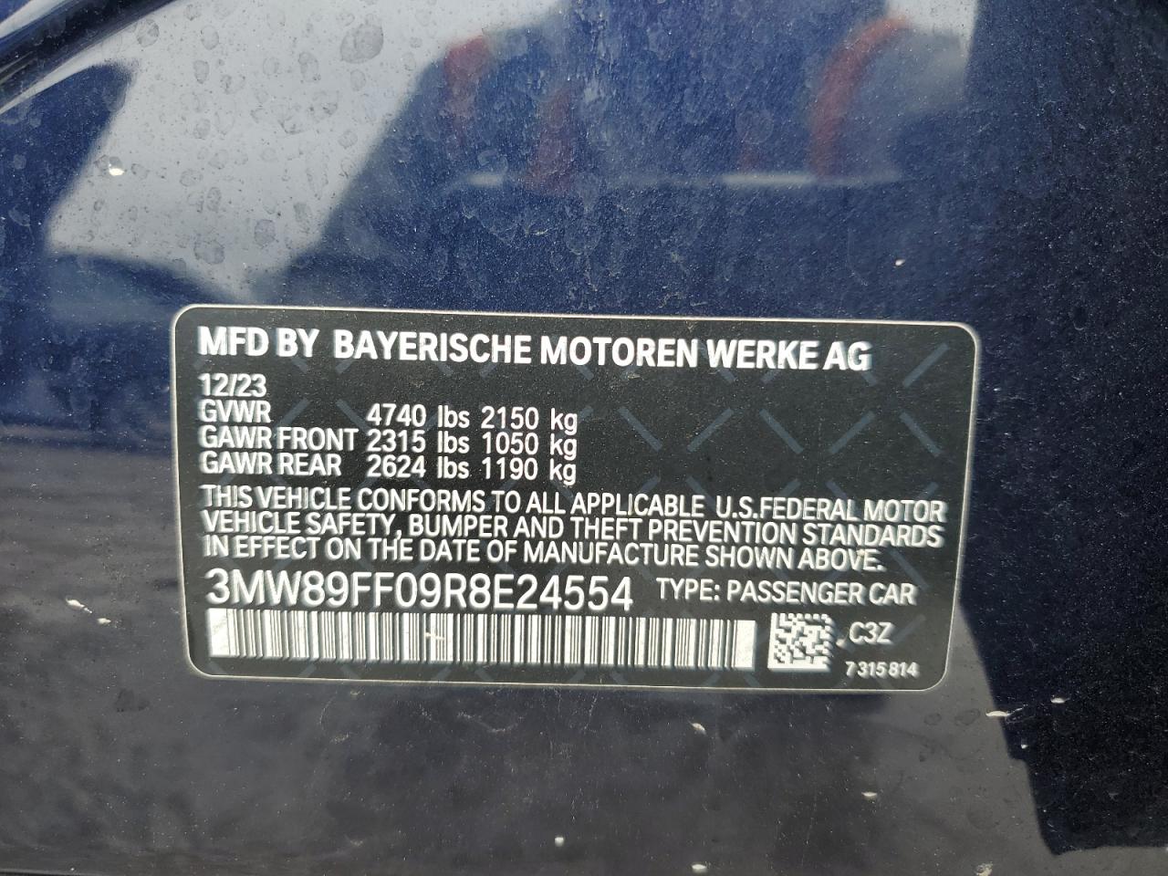 2024 BMW 330XI VIN:3MW89FF09R8E24554