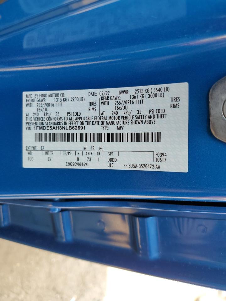 2022 FORD BRONCO BASE VIN:1FMDE5AH8NLB62691