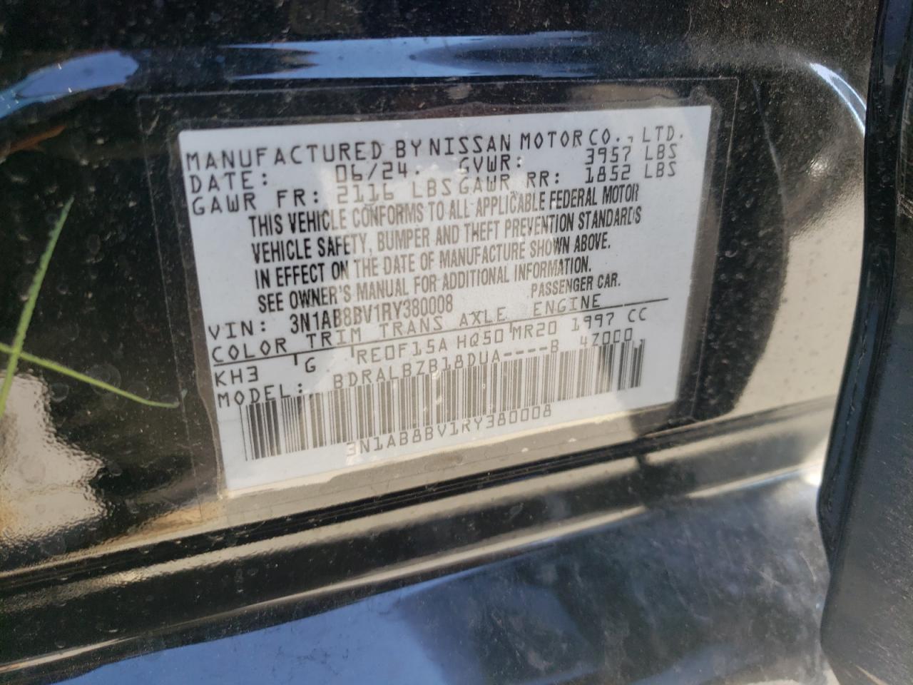 2024 NISSAN SENTRA S VIN:3N1AB8BV1RY380008