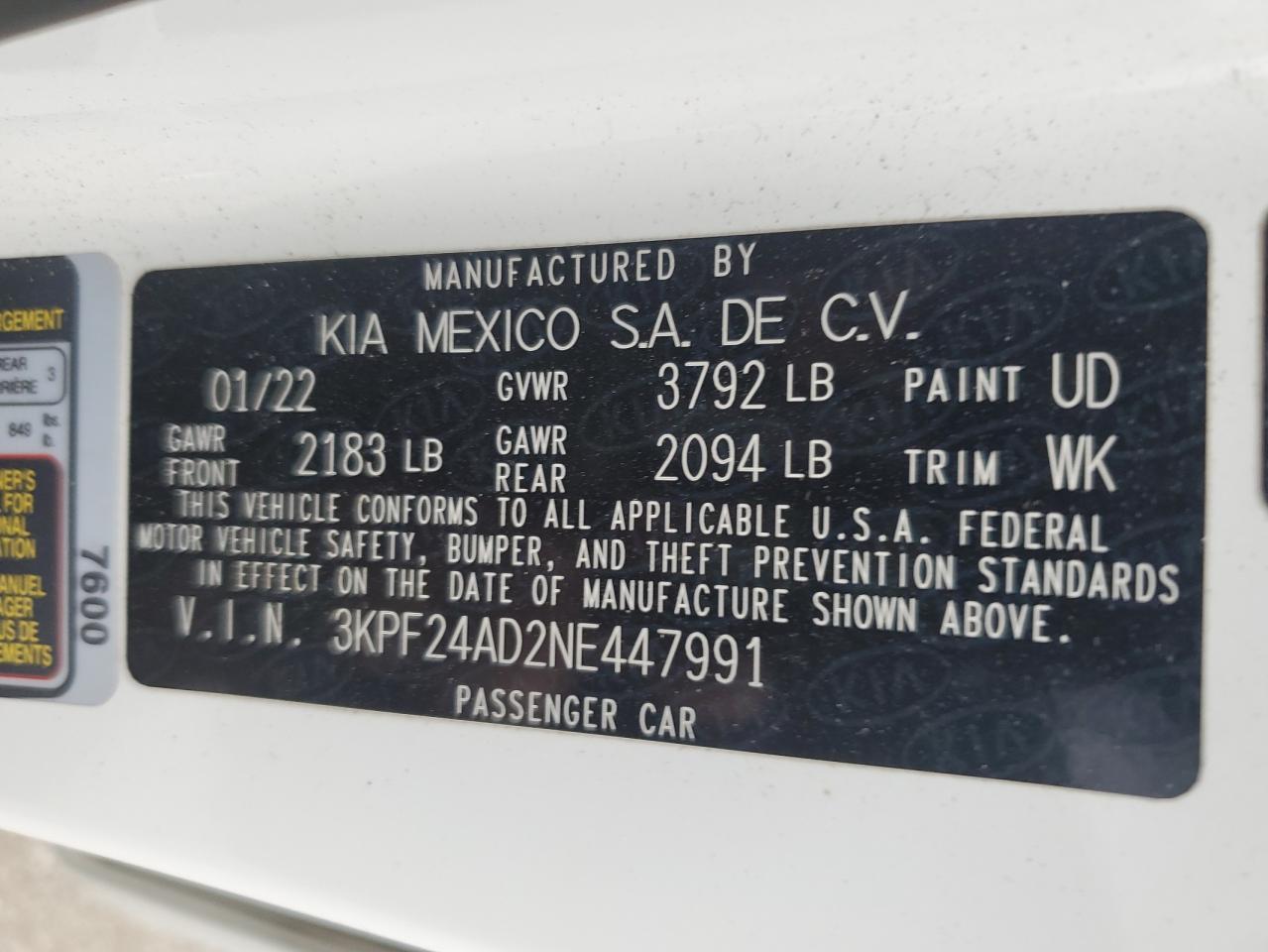 2022 KIA FORTE FE VIN:3KPF24AD2NE447991