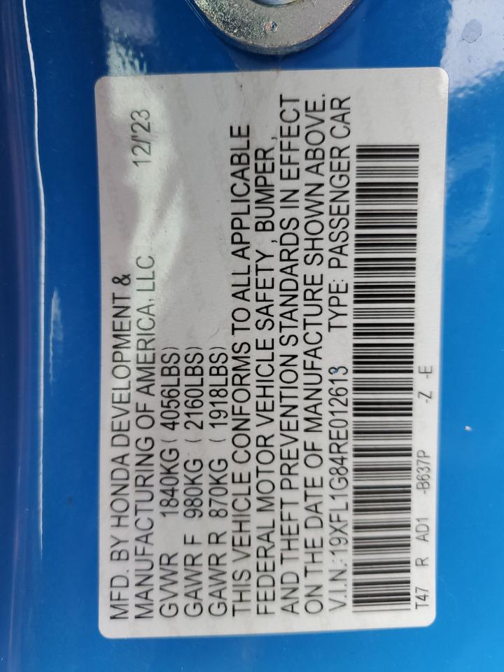 2024 HONDA CIVIC SPORT TOURING VIN:19XFL1G84RE012613