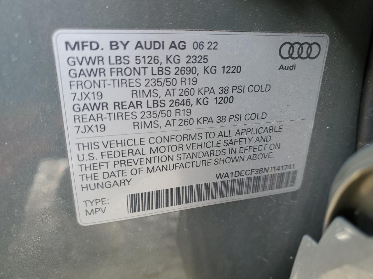 2022 AUDI Q3 PREMIUM S LINE 45 VIN:WA1DECF38N1141741