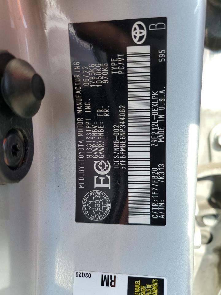 2022 TOYOTA COROLLA LE VIN:5YFBPMBE6NP344062